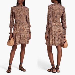 ML MONIQUE LHUILLIER LEOPARD PRINT CREPE DE CHINE LONG SLEEVE MINI DRESS